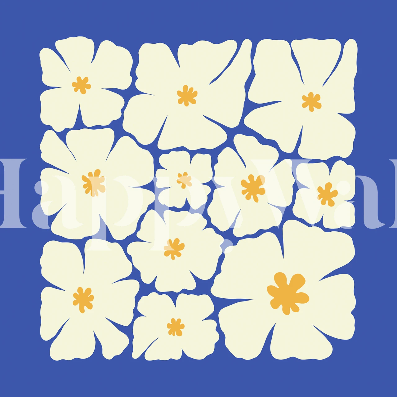 Blue floral wallpaper with cream and yellow flowers