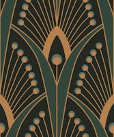 geometric art deco peacock feathers green behang
