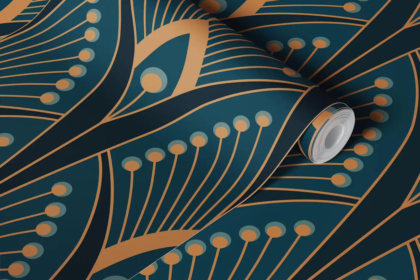 geometric art deco peacock feathers teal wallpaper roll