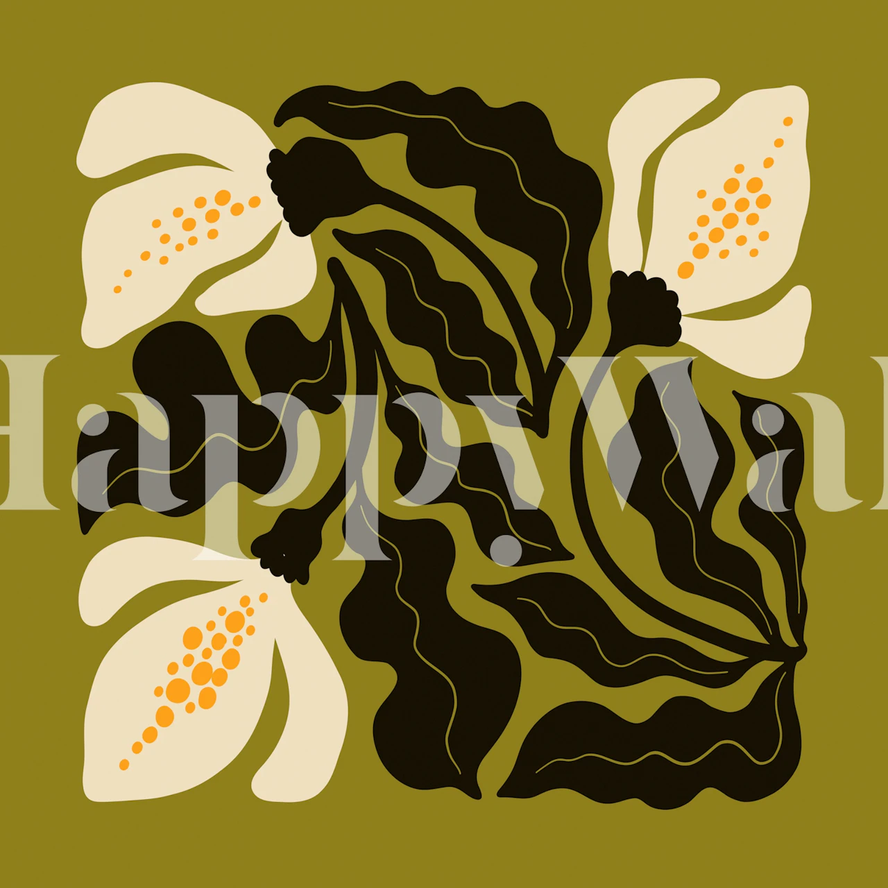 Ivory Blooms on Green behang in een kamer