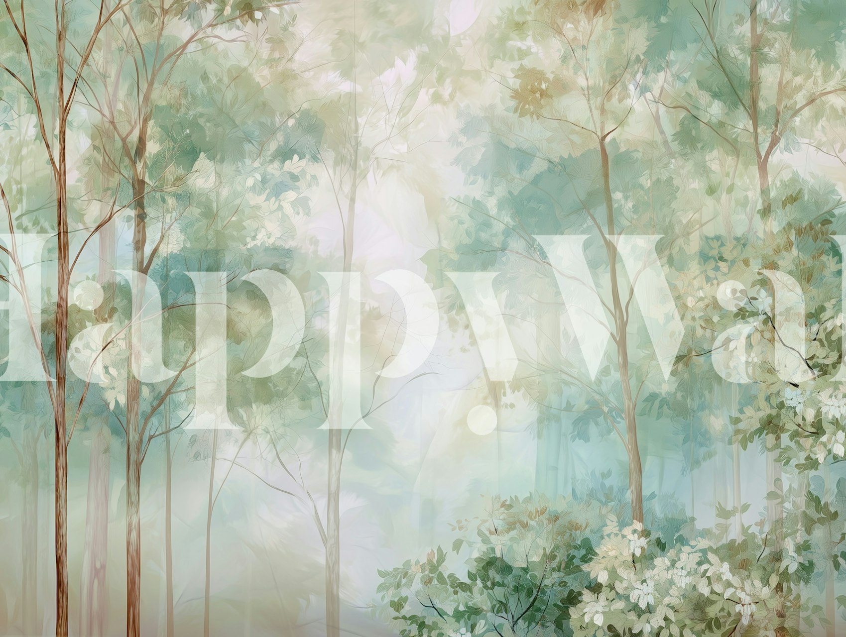 Faint forest trees and leaves in soft green and white tones wallpaper