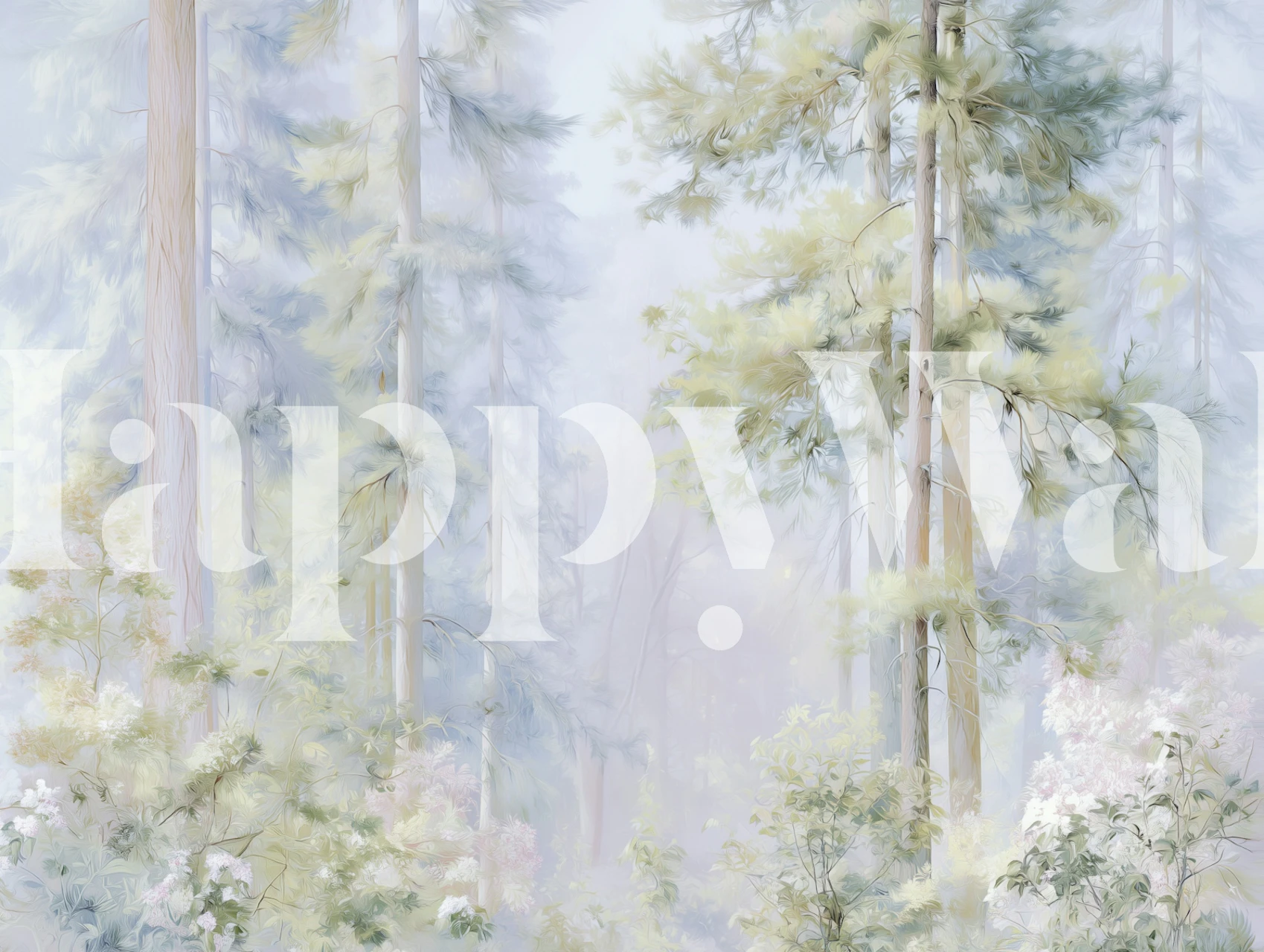 Floral forest scene in soft colors with trees and flowers wallpaper