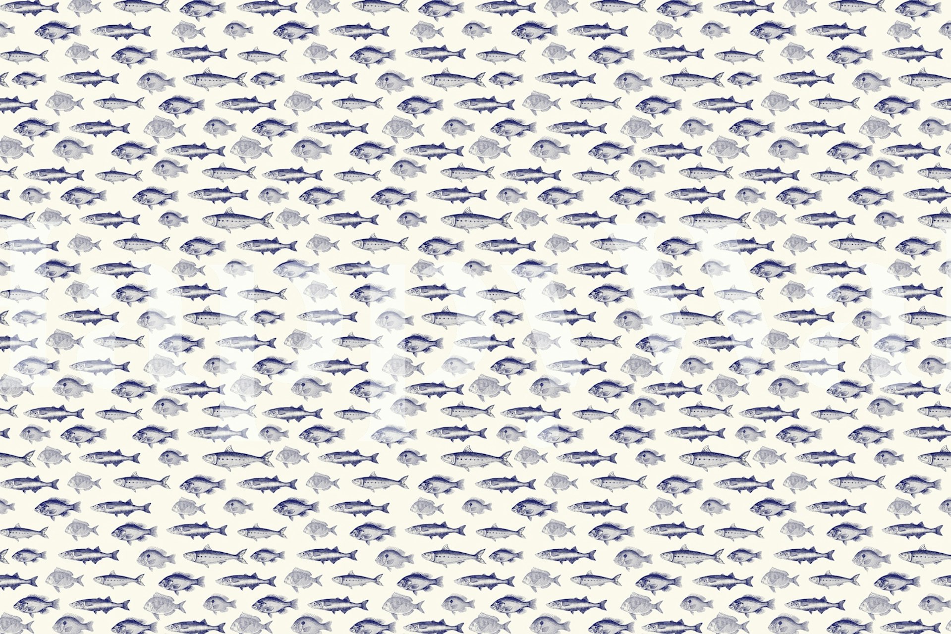 Fish patterns in blue on cream background wallpaper