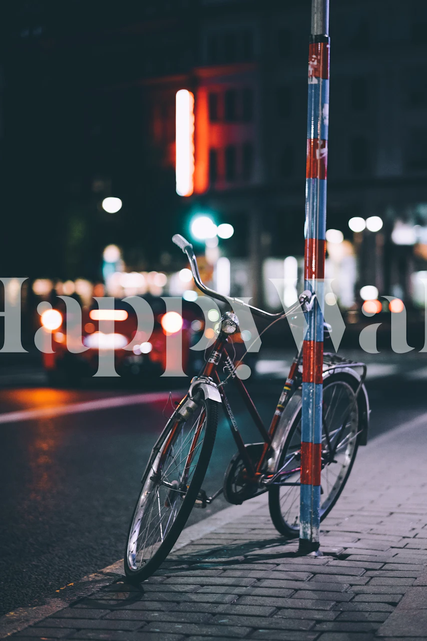 Bike standing against a pole at night