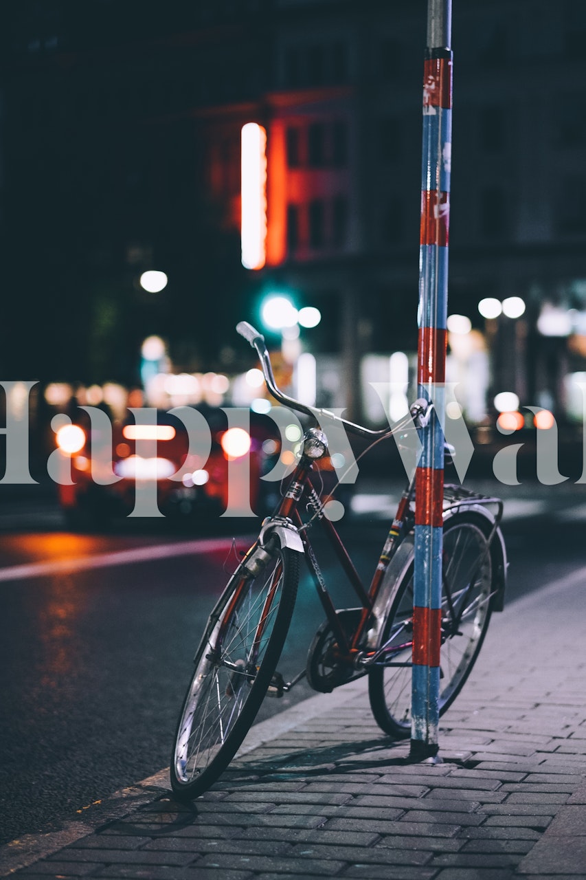 Bike standing against a pole at night