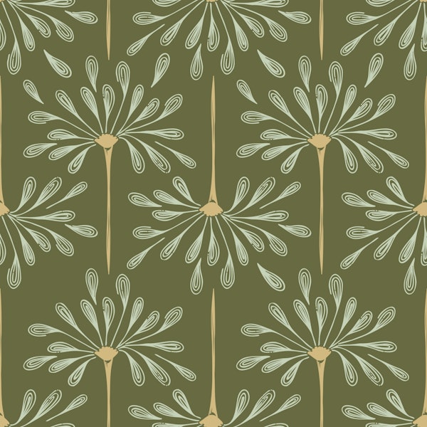 Abstract Floral Waves L – Moss Green & Beige