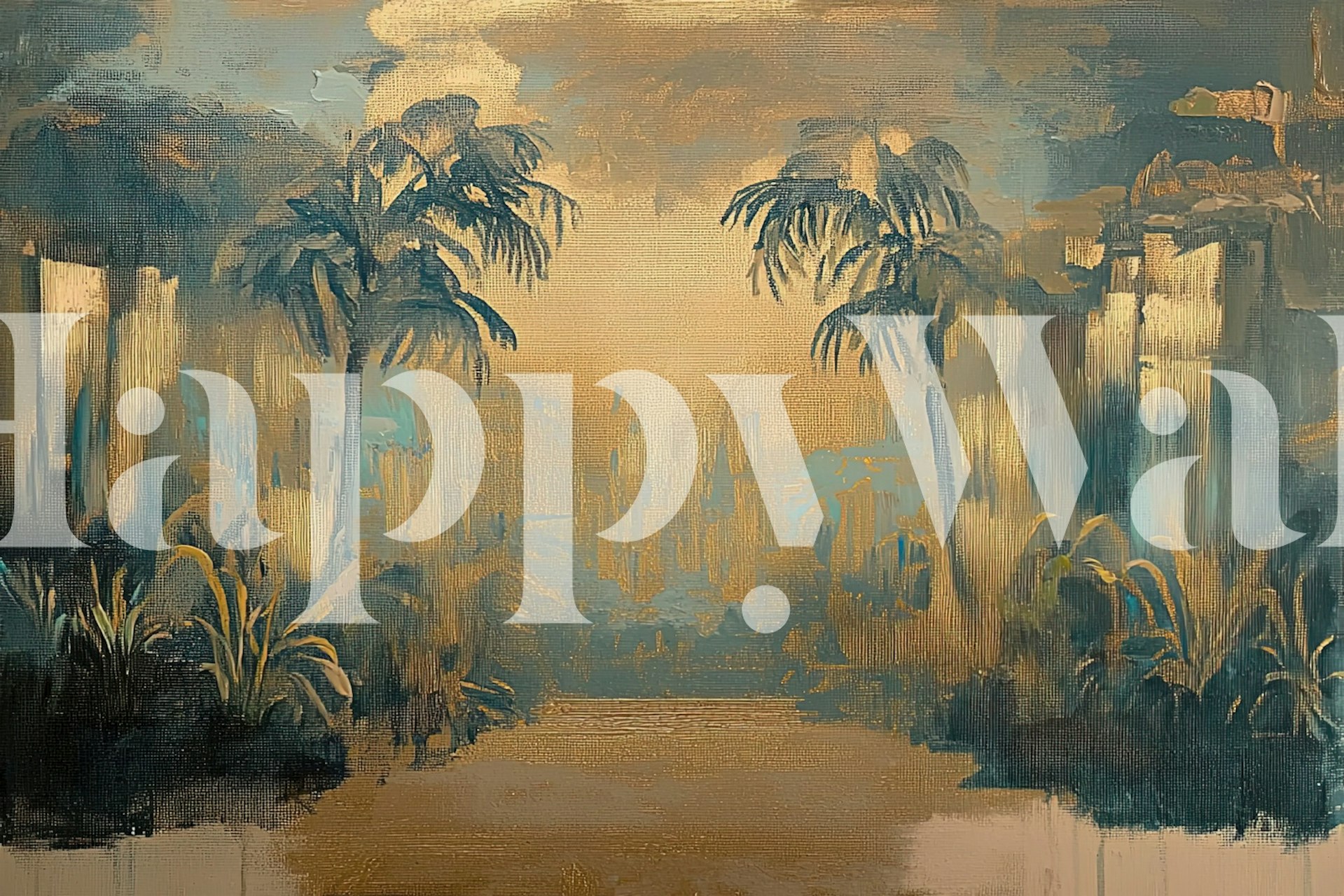 Tropical landscape with palm trees and foliage in golden and teal tones wallpaper