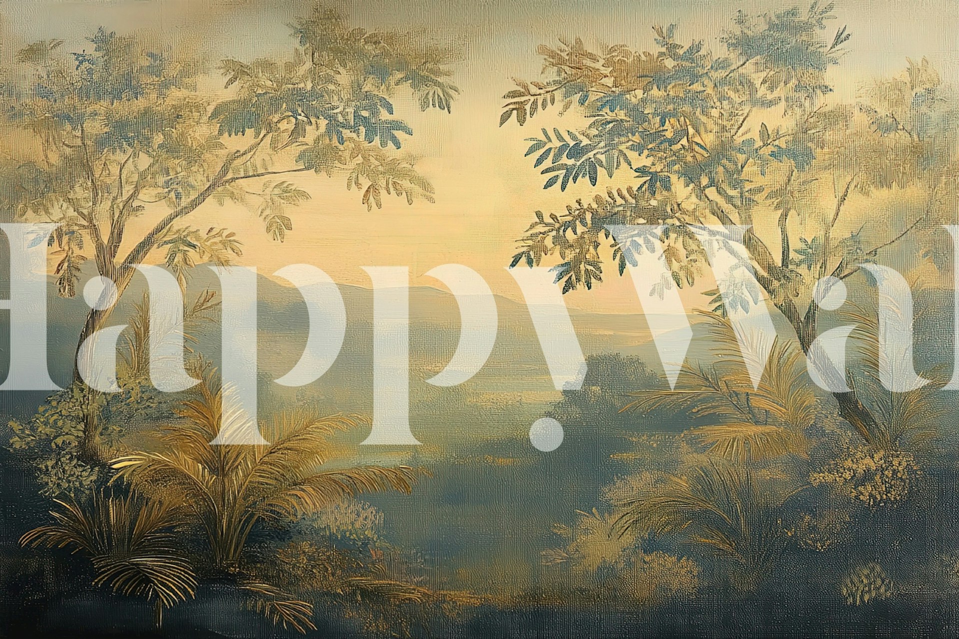 Nature landscape with soft greens, gold, and blue wallpaper