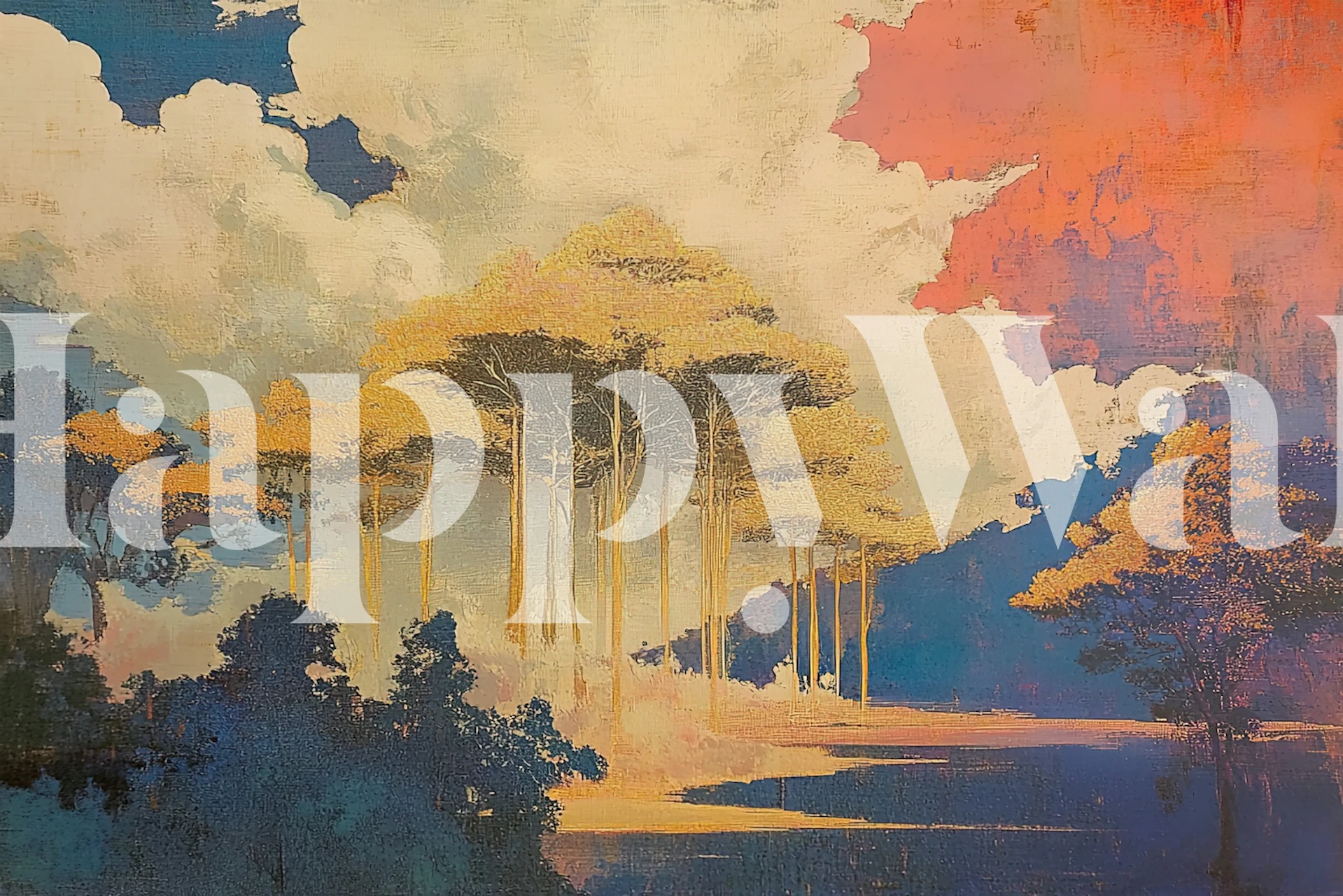 Worn natural landscape wallpaper with trees and clouds in shades of blue, gold, and pink.