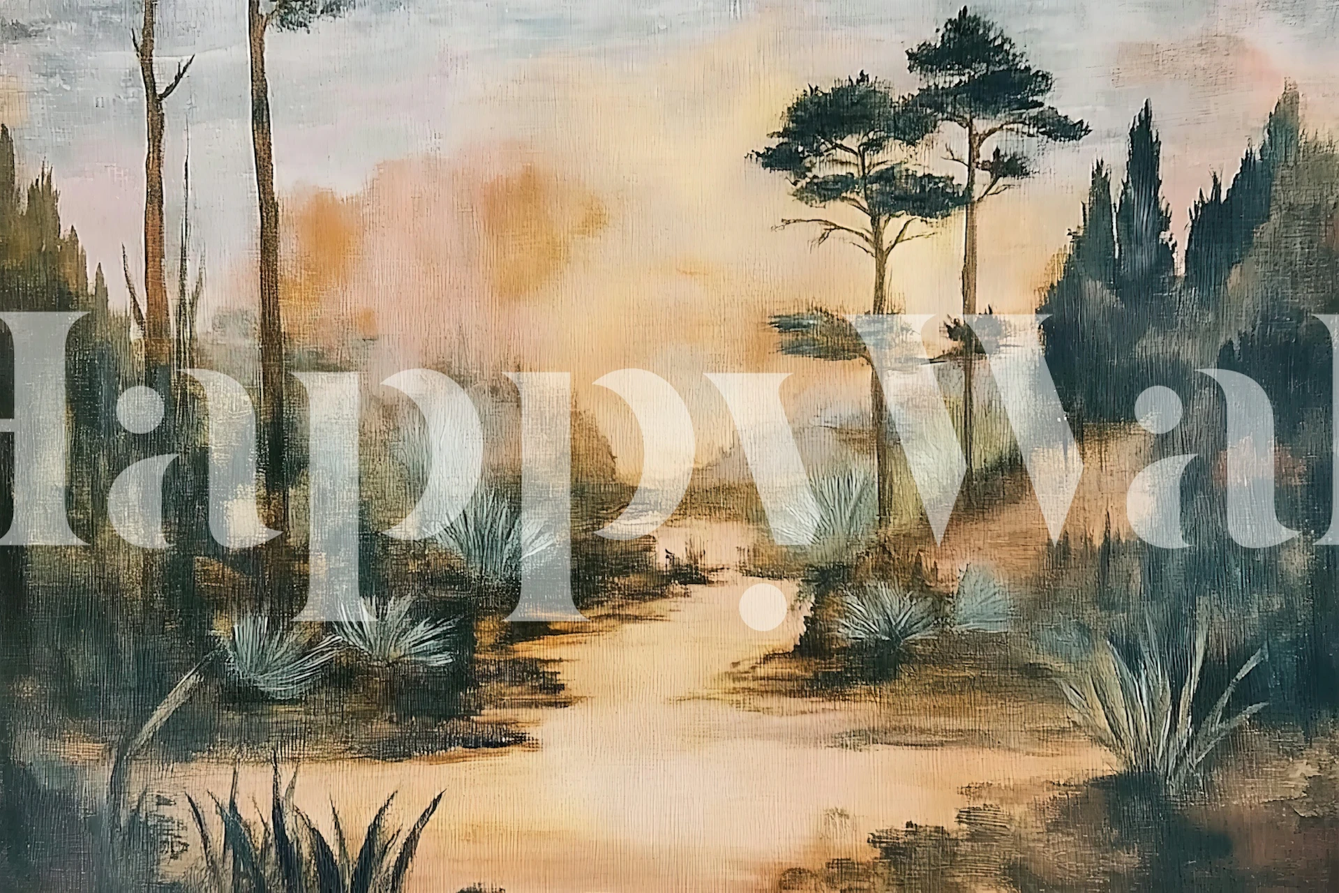 Serene landscape wallpaper in a room