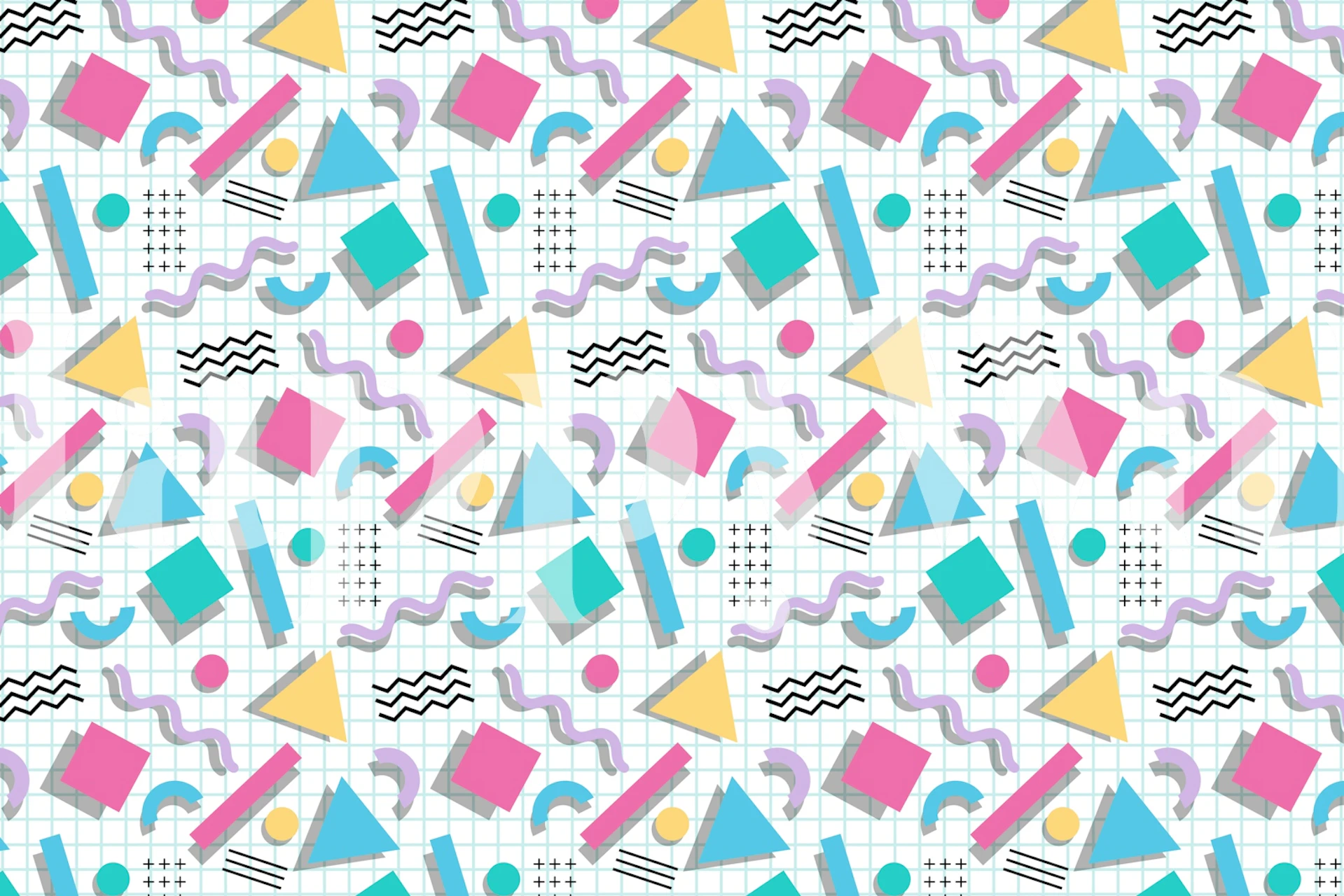 Colorful 80s abstract pattern wallpaper in a room
