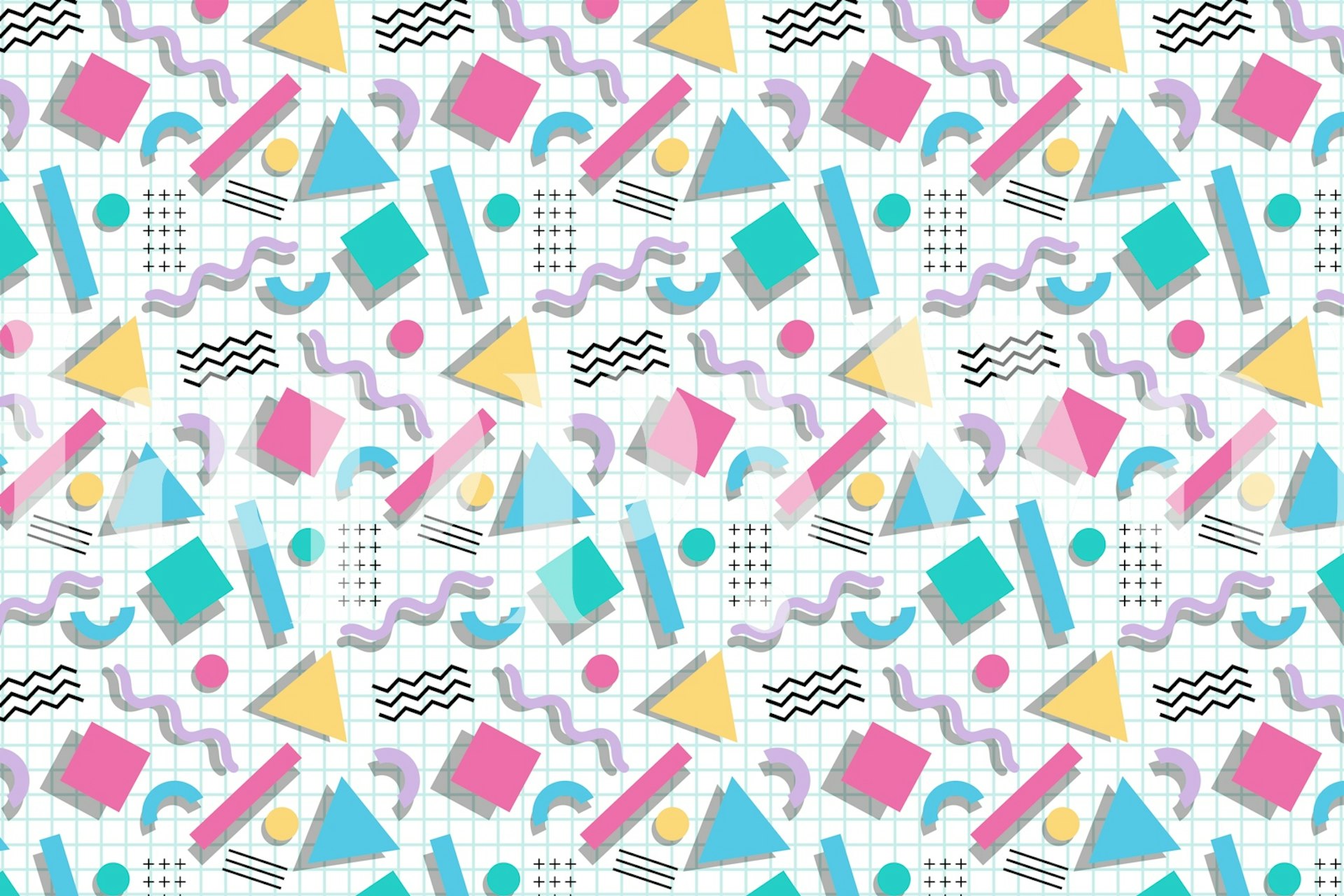 Colorful 80s abstract pattern wallpaper in a room