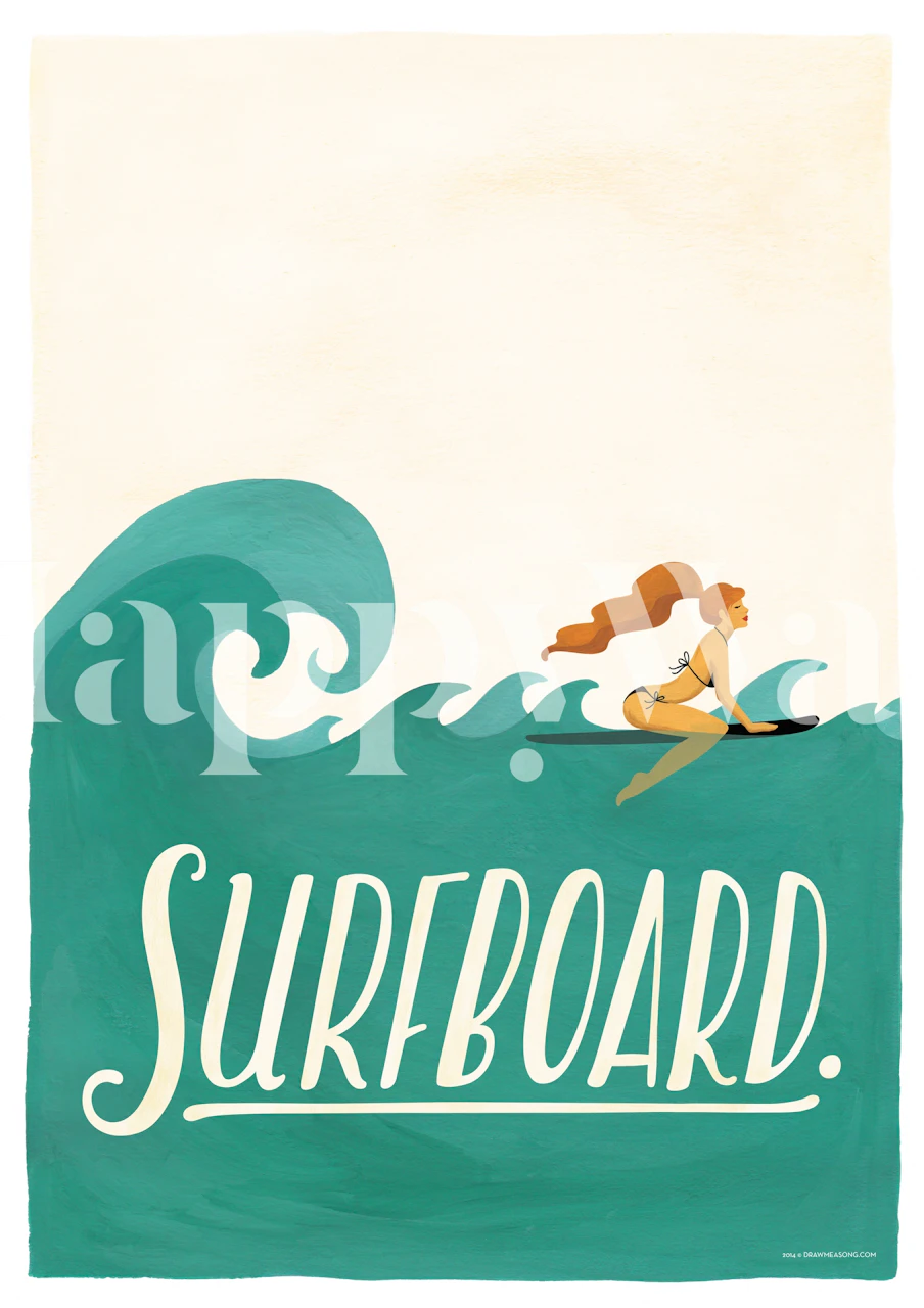 Surfboard and wave illustration in teal and beige wallpaper
