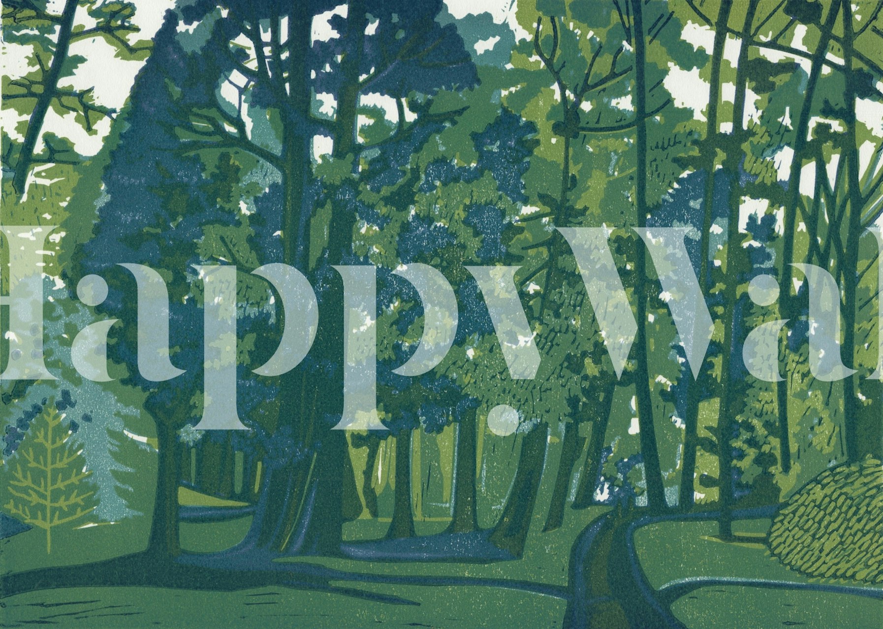 Dusk Bournemouth Gardens linocut wallpaper in room