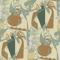 Abstract houseplants clay pots and leaves wallpaper