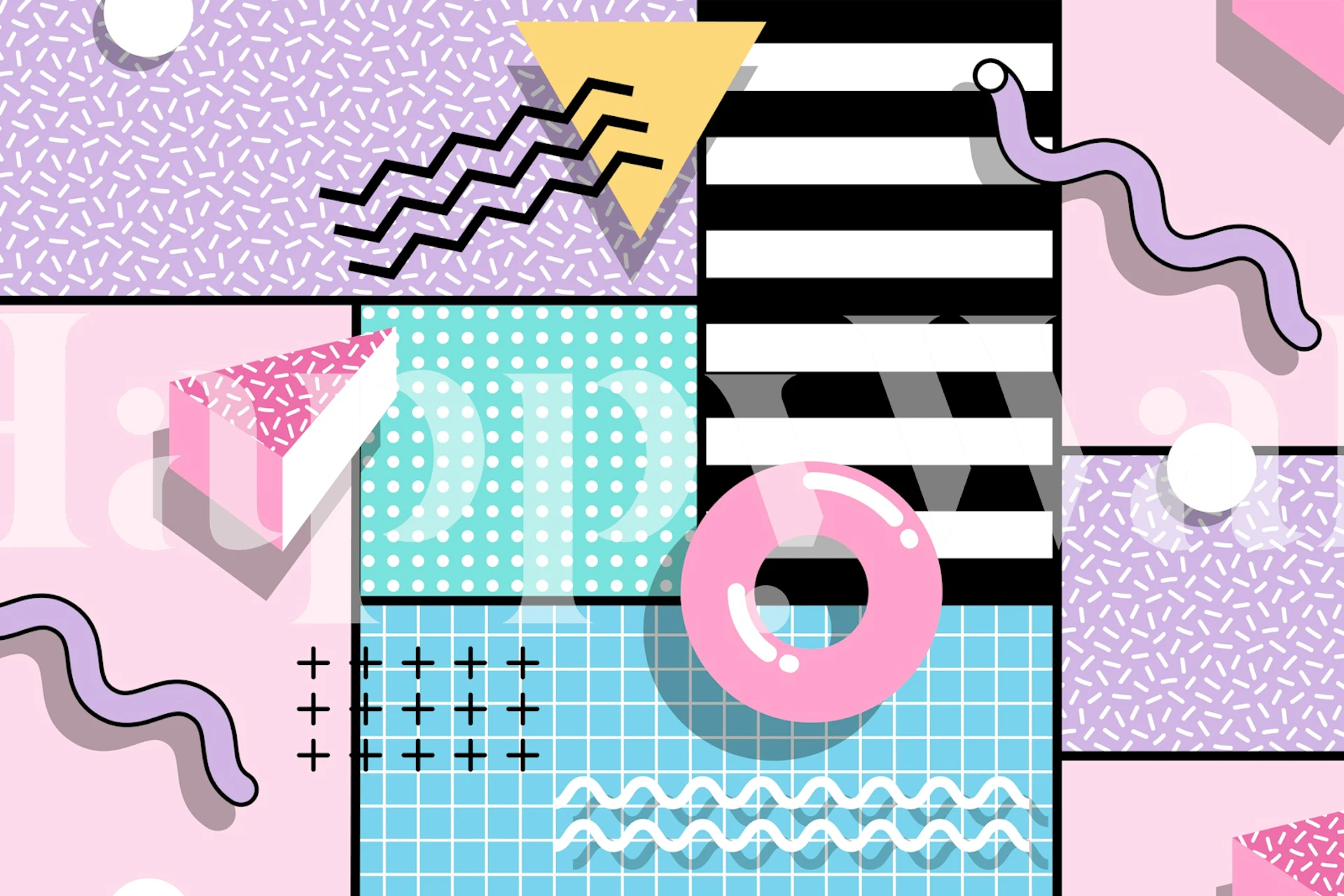 Colorful geometric patterns with pink, yellow, black, and blue in a retro style wallpaper