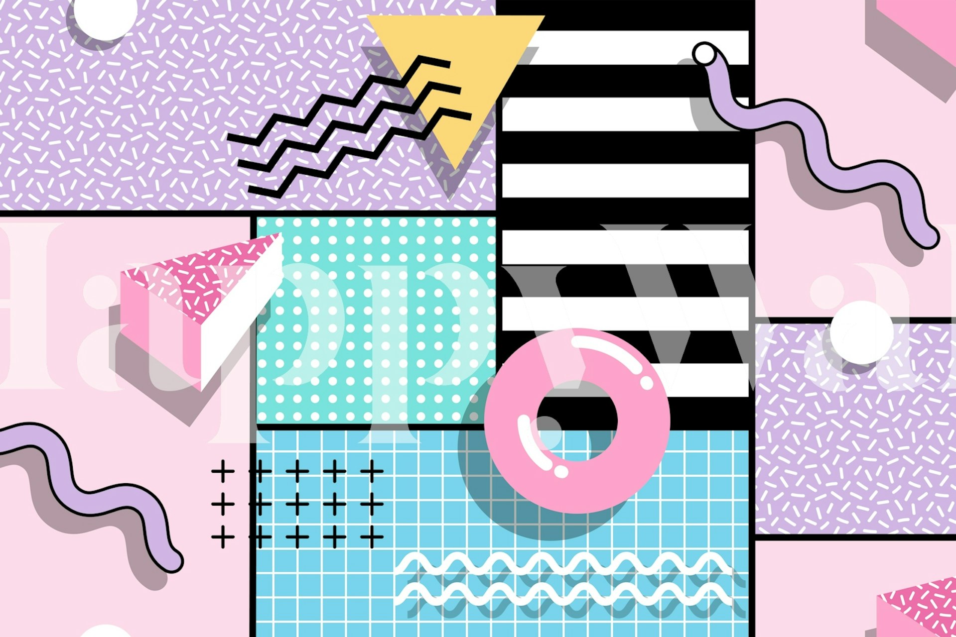 Colorful geometric patterns with pink, yellow, black, and blue in a retro style wallpaper