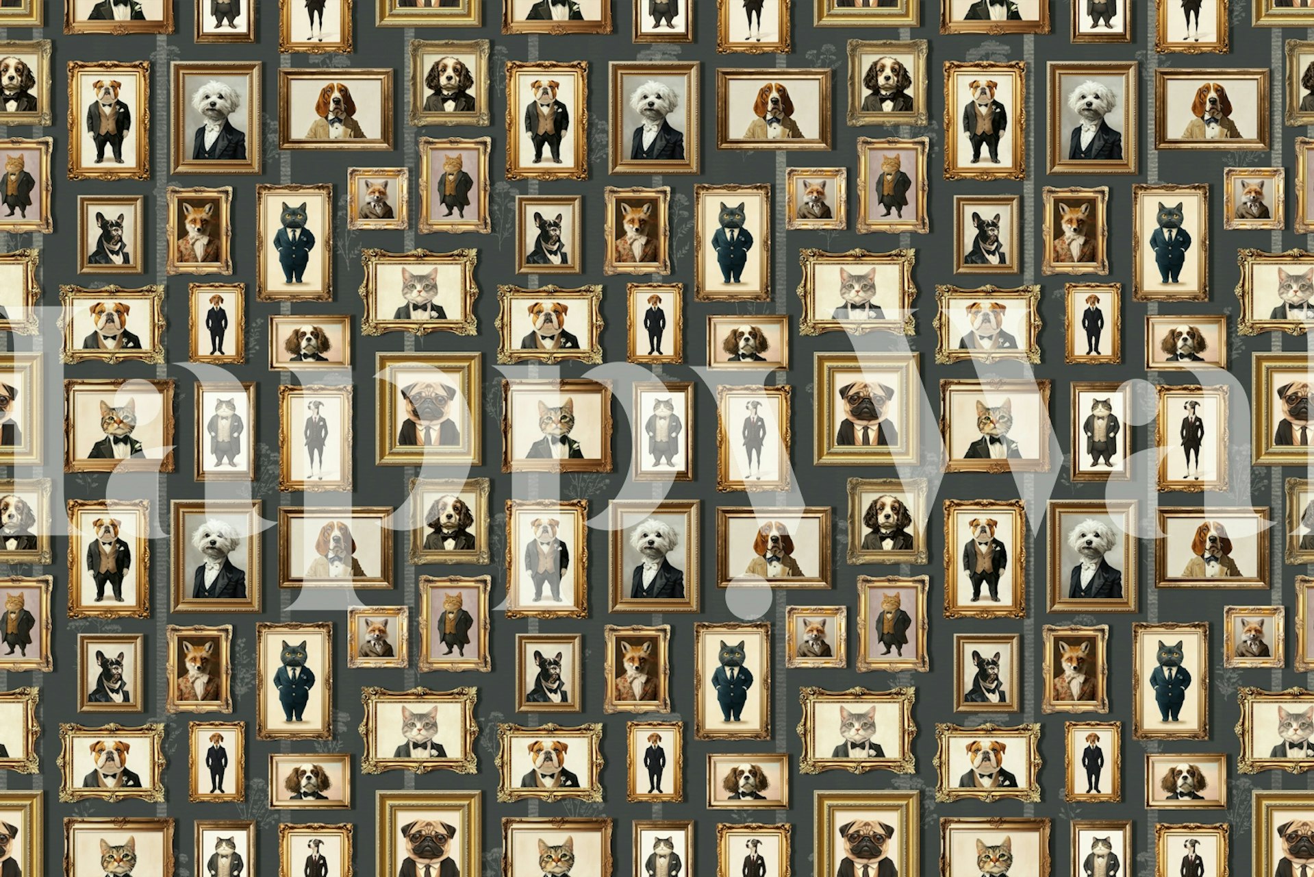 wallpaper featuring dog portraits in ornate frames with gray background