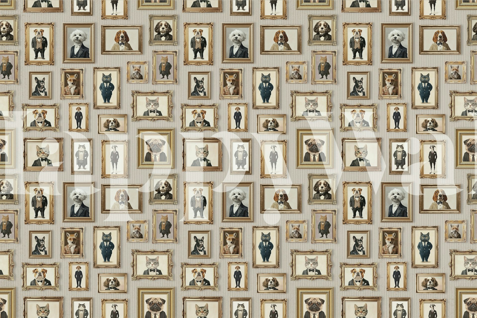 Dog portraits with frames in beige and brown colors wallpaper