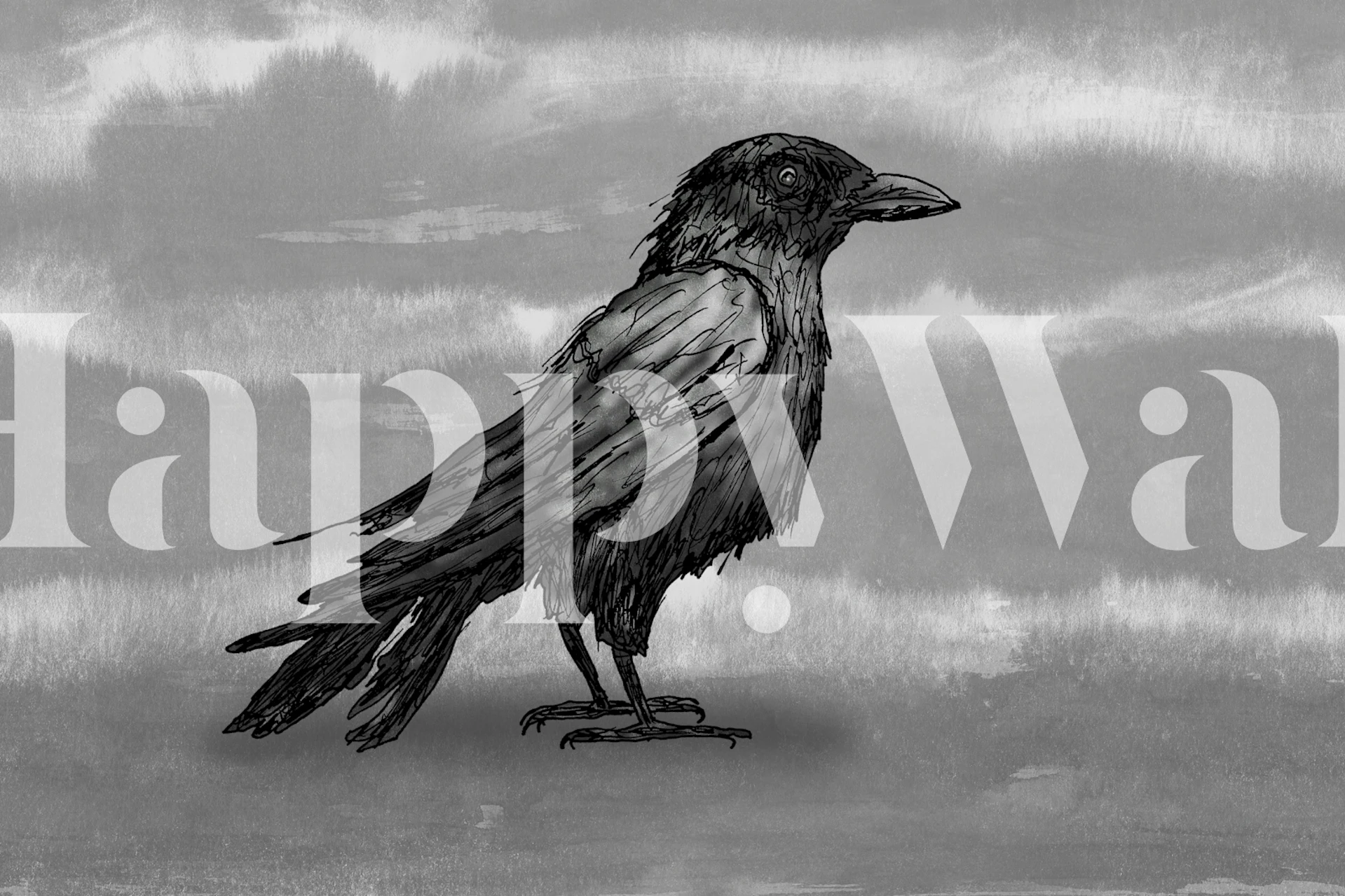 Black crow illustrated in black and grey on textured wallpaper