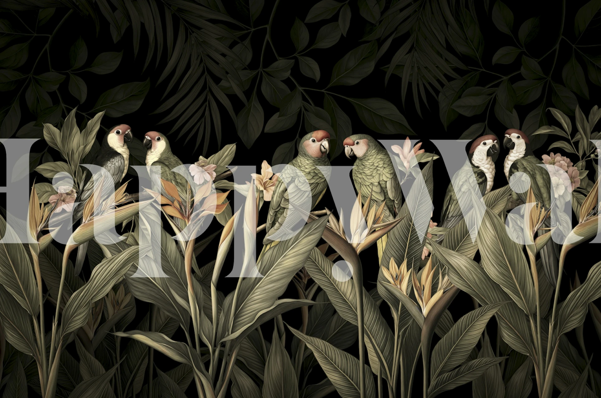 Tropical birds and lush leaves in green tones wallpaper