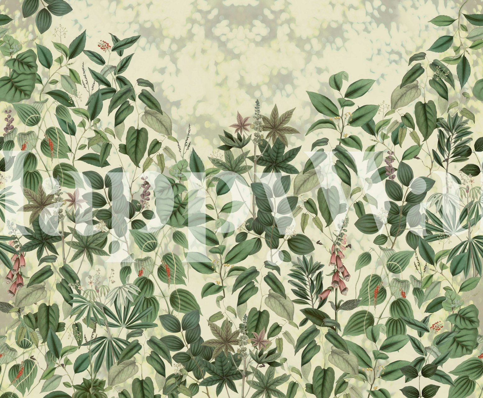 Lush green botanical leaves on soft beige background wallpaper