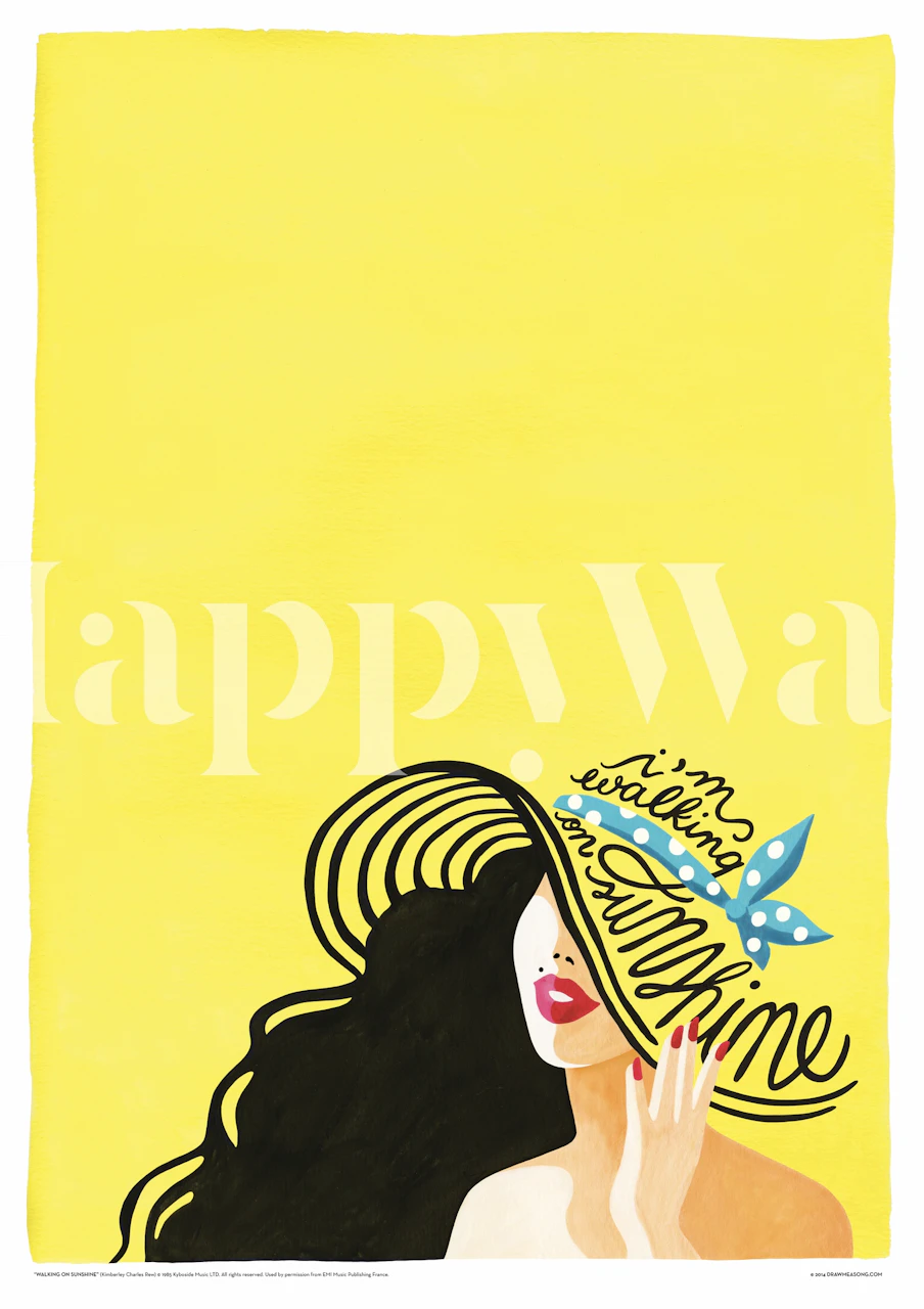 Bright yellow background with floral accents and a woman wearing a hat. Inspirational wallpaper.