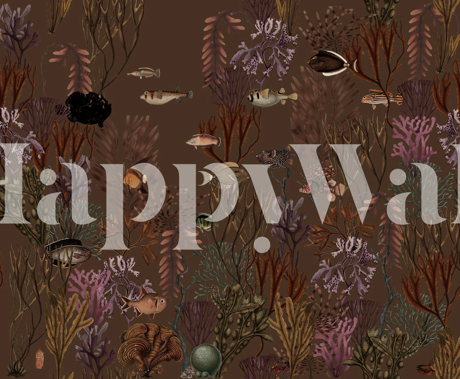 Underwater coral and fish wallpaper in muted brown and colorful tones