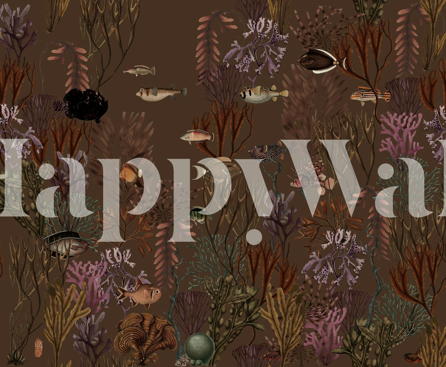 Underwater coral and fish wallpaper in muted brown and colorful tones
