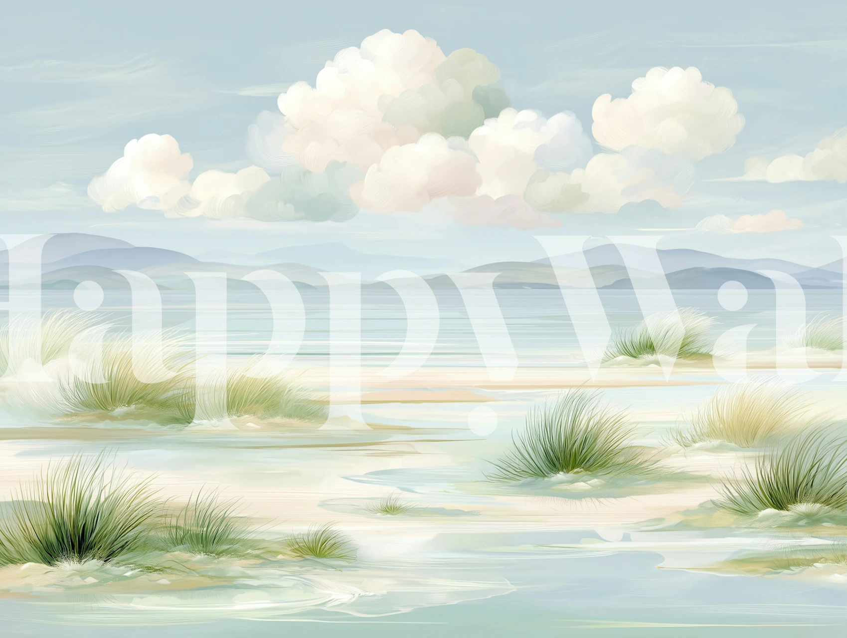 Pastel seascape wallpaper in a room