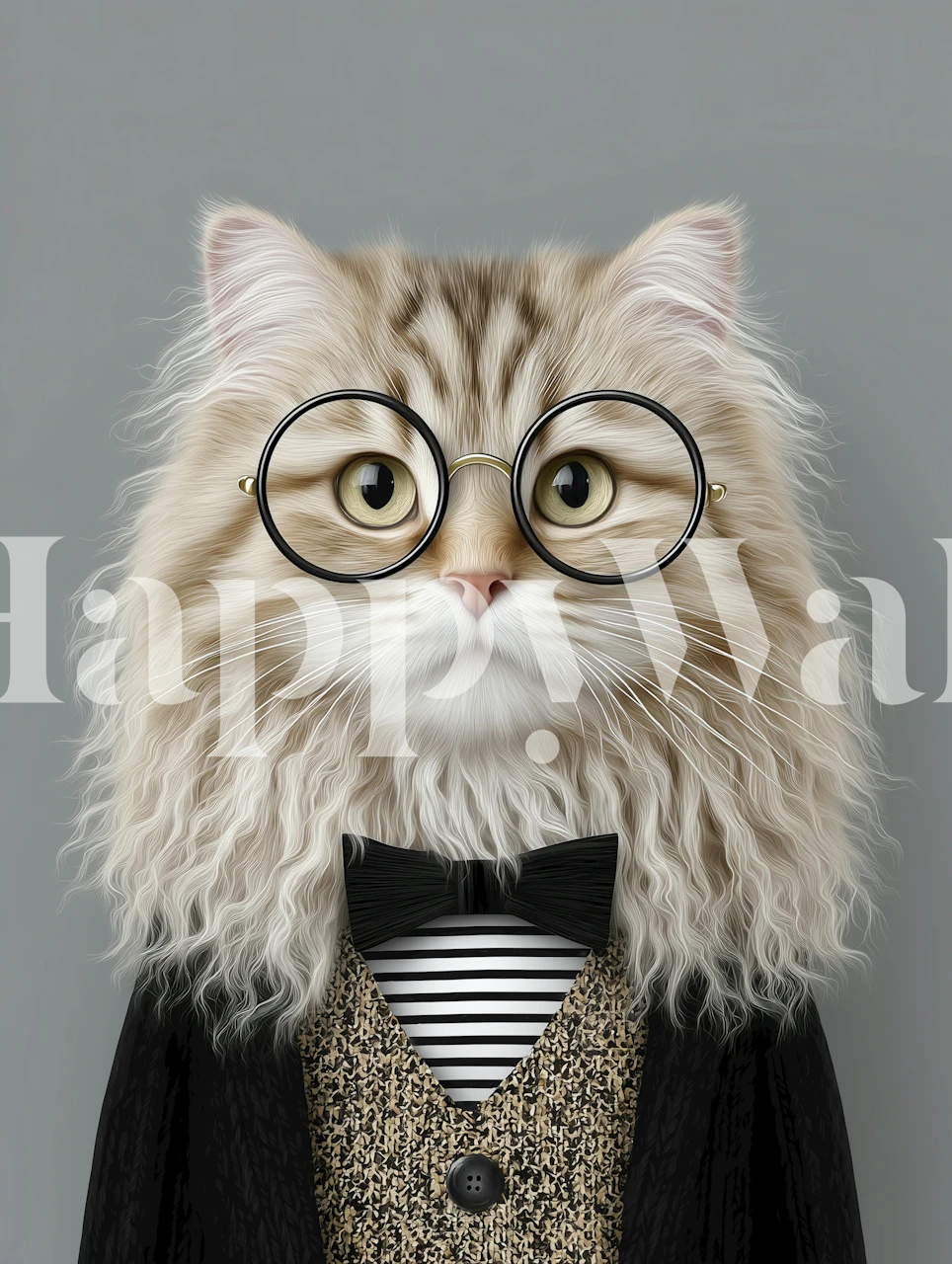 Cat dressed in a tuxedo with glasses, gray background, quirky cartoon style wallpaper