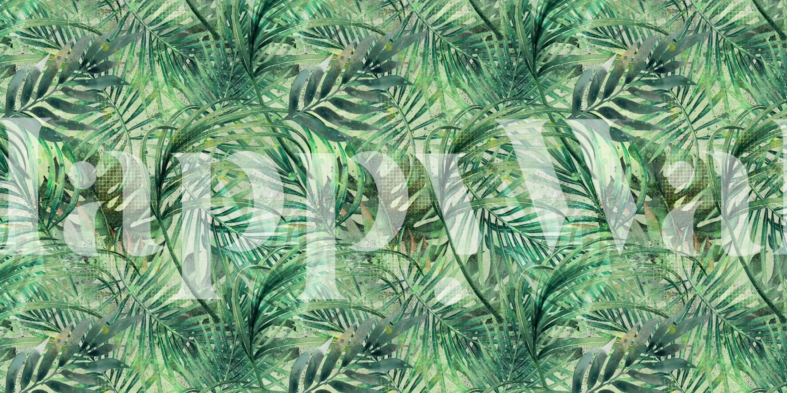 Green tropical palm leaves wall mural wallpaper with textured pattern.