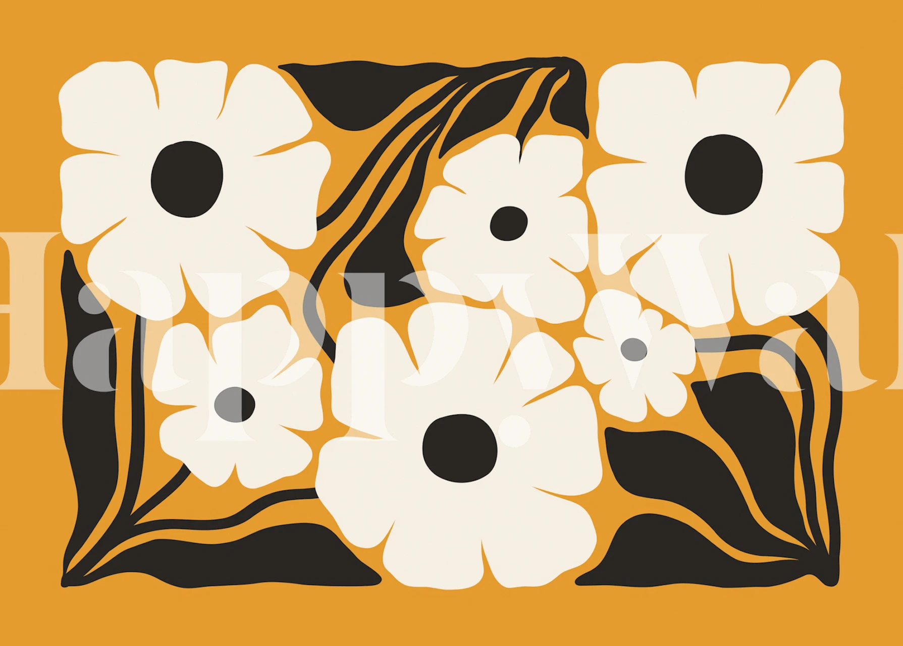 Grote witte bloemen op een gele achtergrond in retro stijl wallpaper