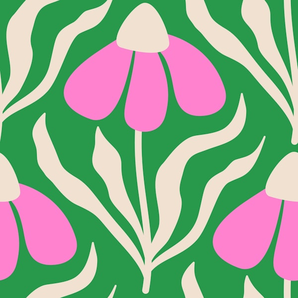 Hand drawn floating camomiles pink & green