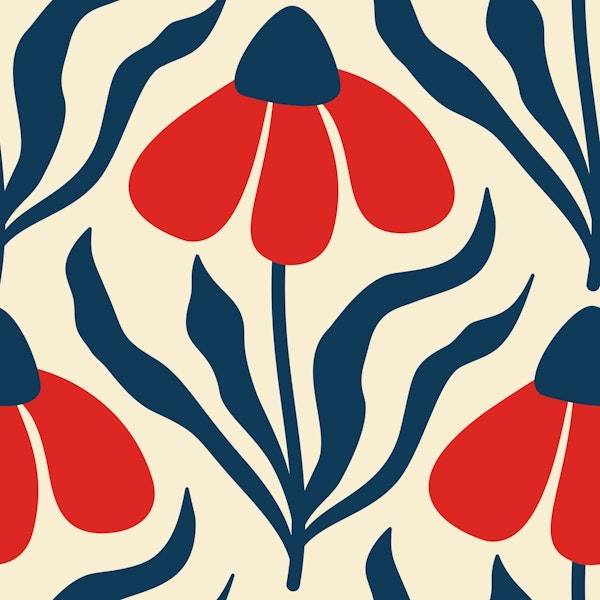 Hand drawn floating camomiles navy & red