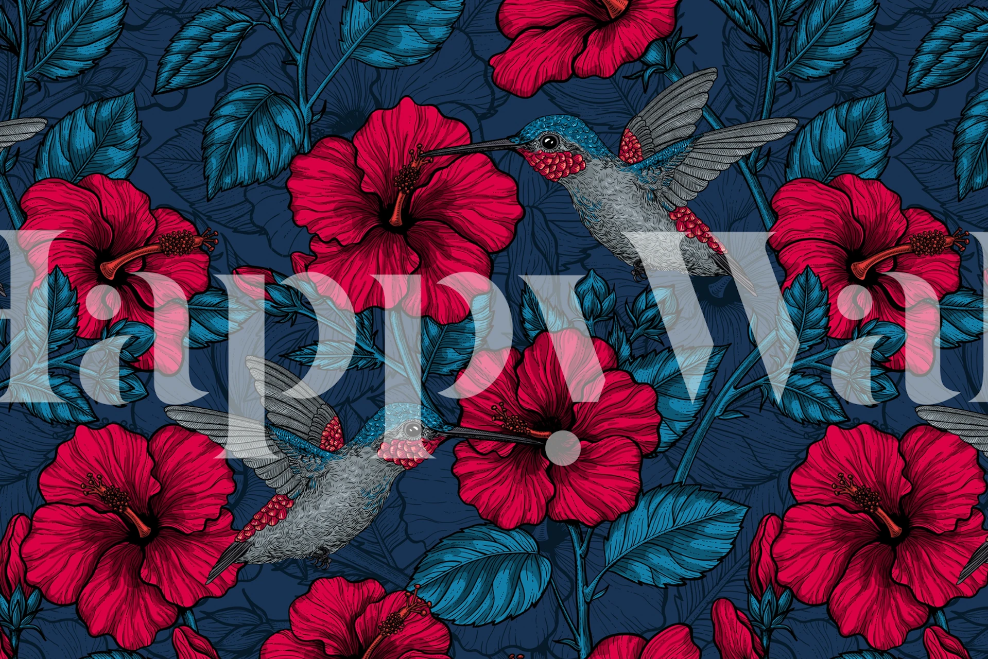 Night Tropical Garden vægmaleri med røde hibiscus blomster og kolibrier