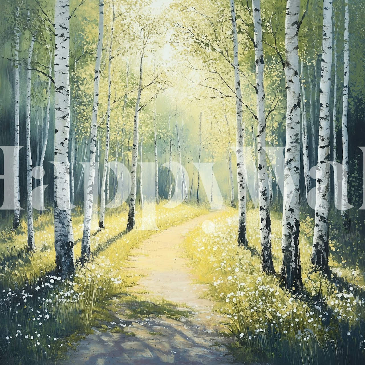 Birch trees and pathway with green and white hues wallpaper