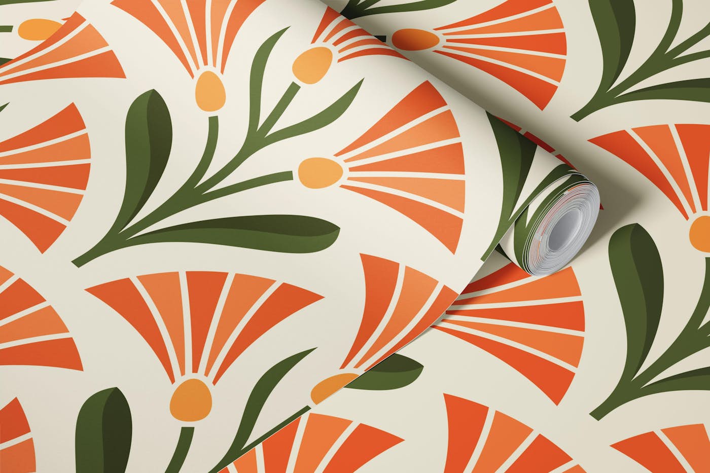 Art Deco Floral Fusion in Beige Navy - L wallpaper roll