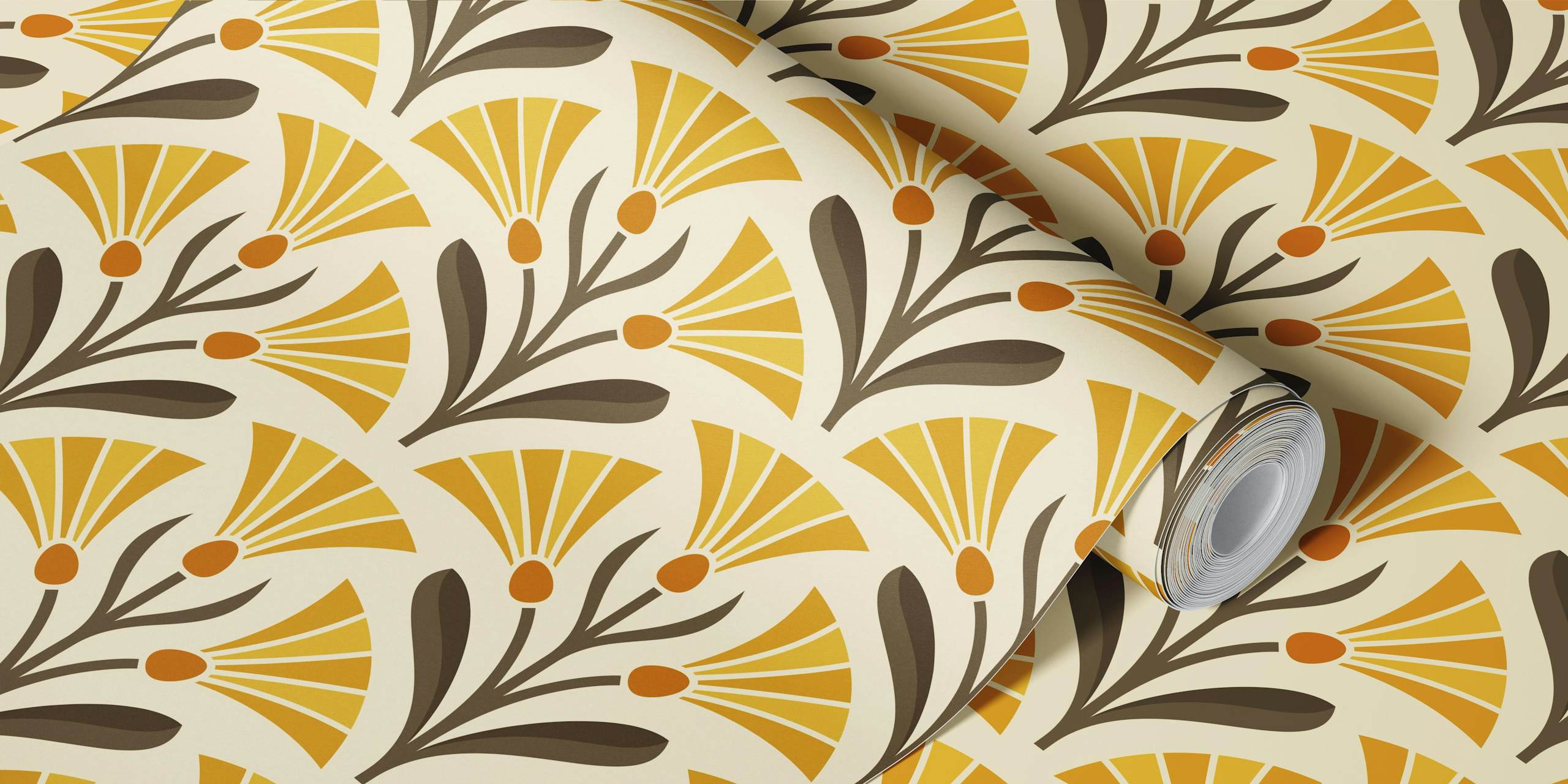 Art Deco floral wallpaper in yellow and brown
