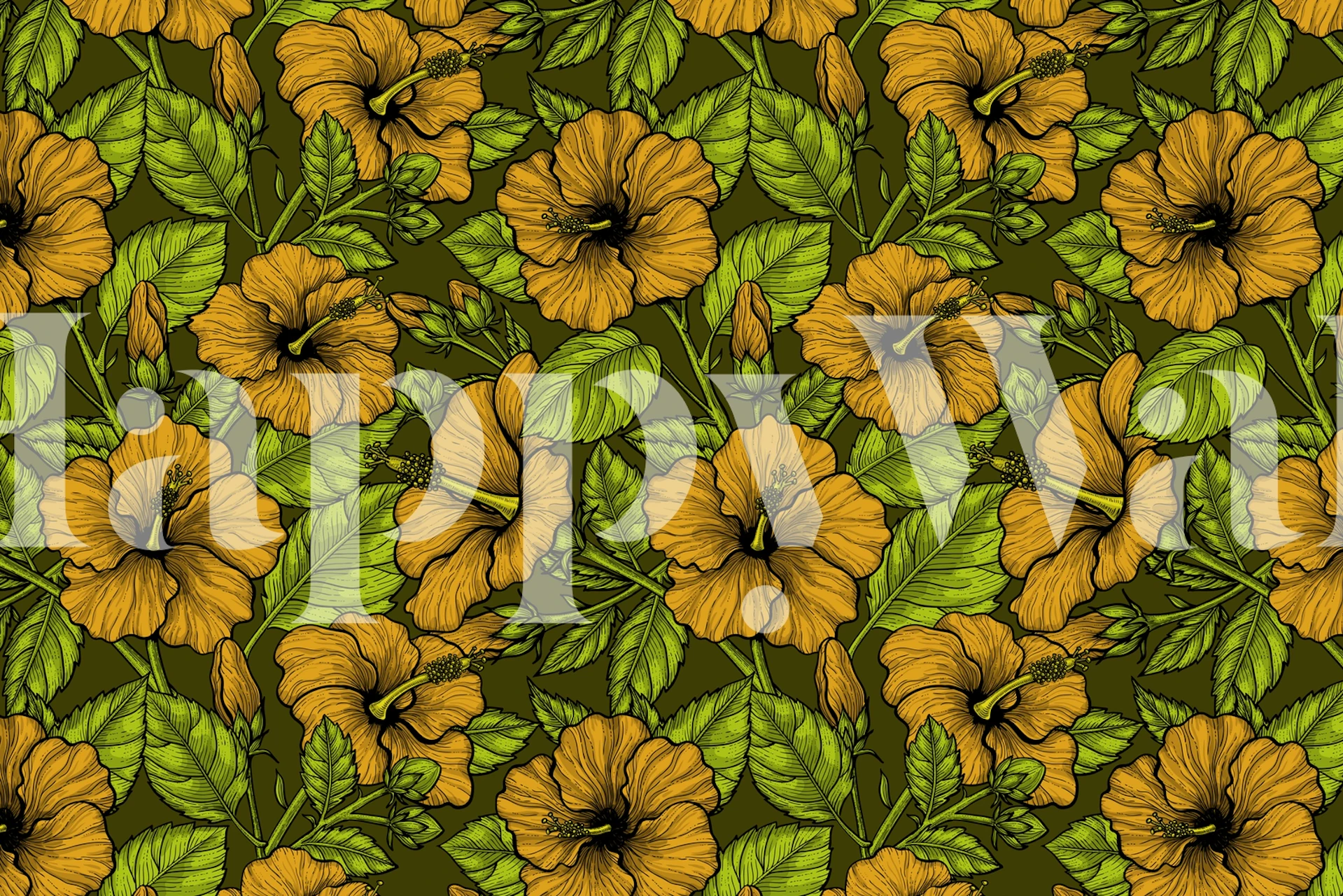 Yellow hibiscus flowers and green leaves wallpaper