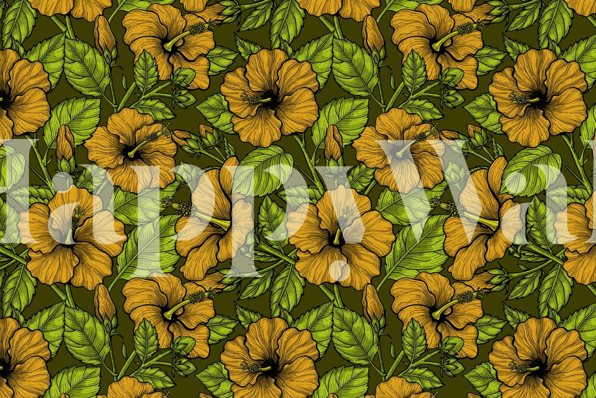 Yellow hibiscus flowers and green leaves wallpaper