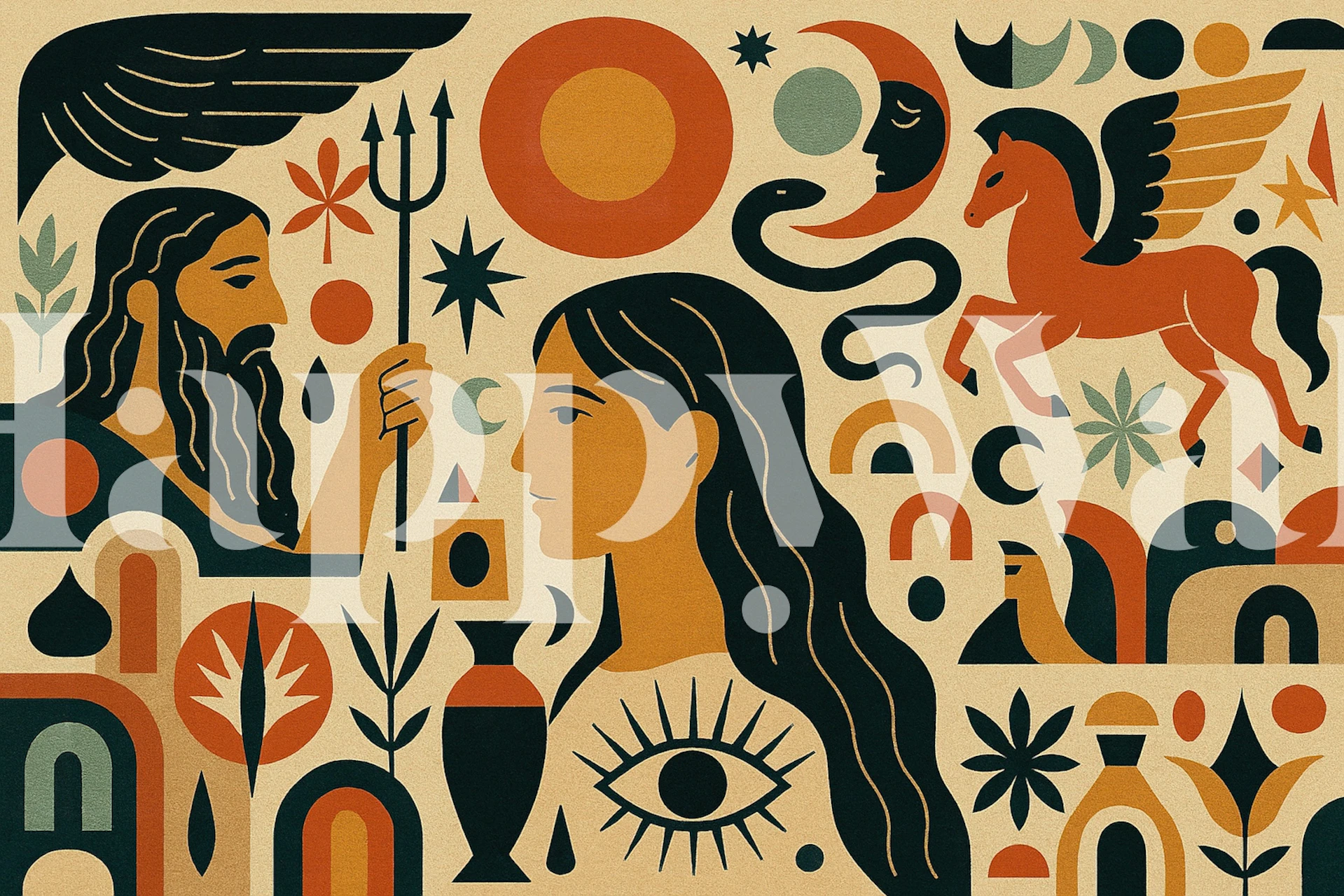 Celestial mythology design featuring figures and symbols in earthy tones wallpaper