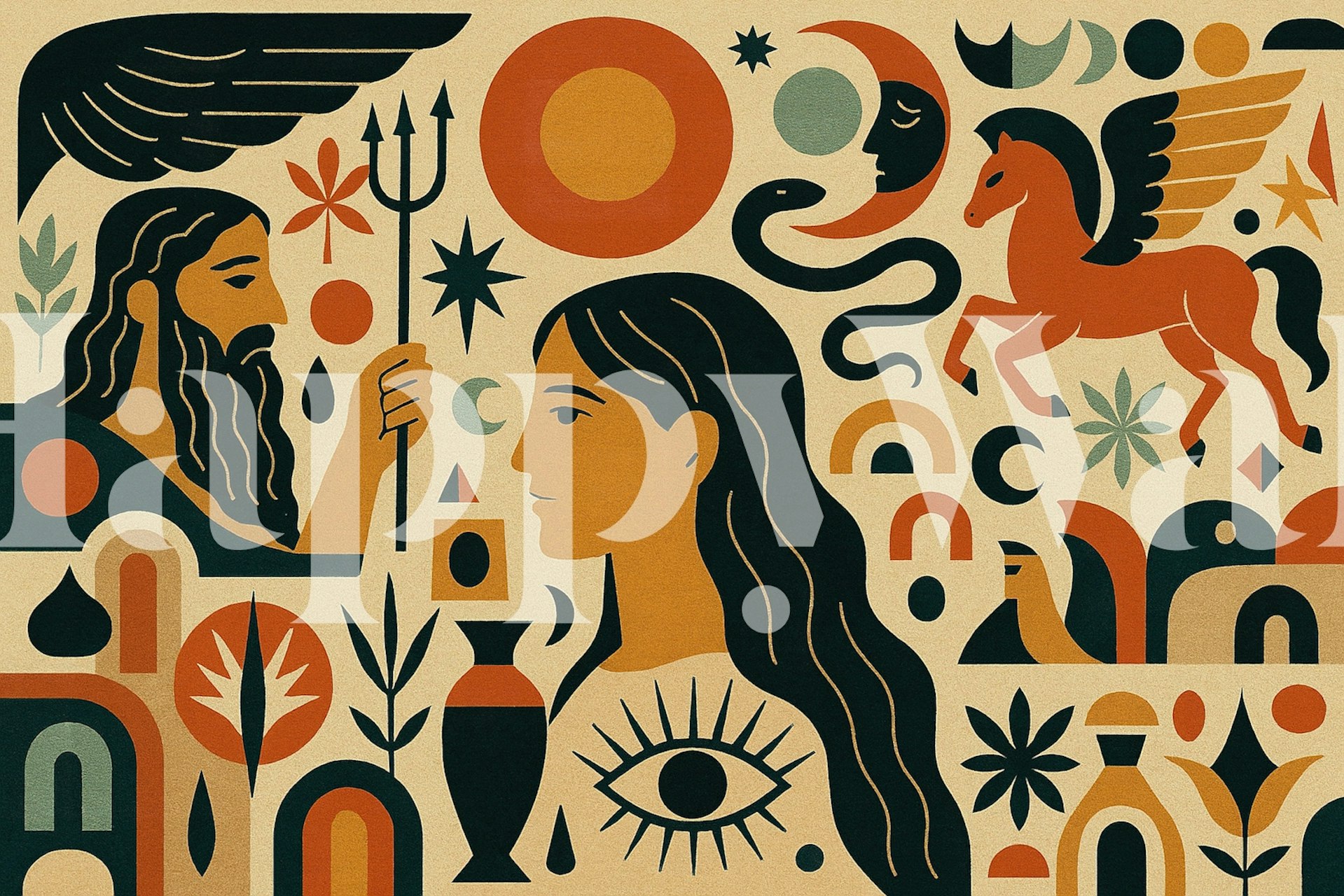 Celestial mythology design featuring figures and symbols in earthy tones wallpaper