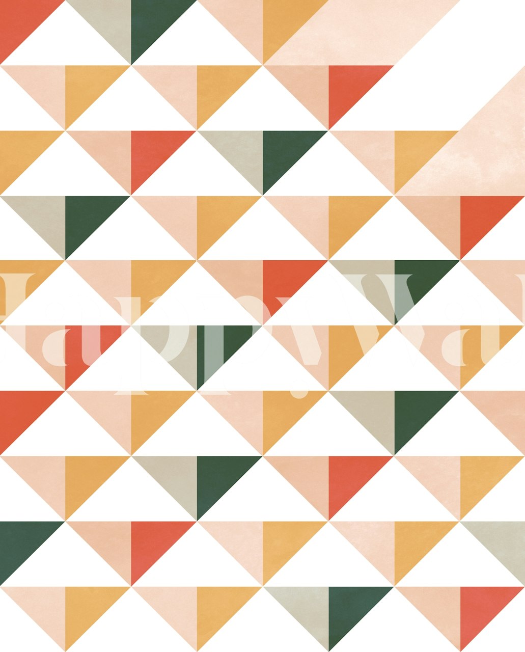 Colorful geometric triangle pattern wallpaper in peach, green, and beige tones