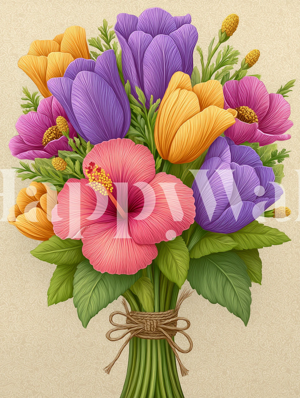 Hibiscus and tulip bouquet in vibrant colors on textured wallpaper