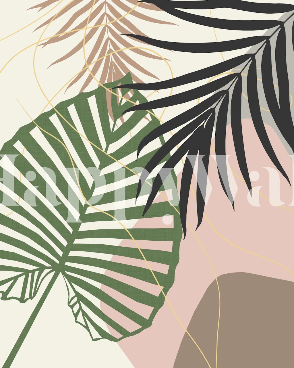 Tropical palm leaves in green and black with abstract shapes in beige wallpaper