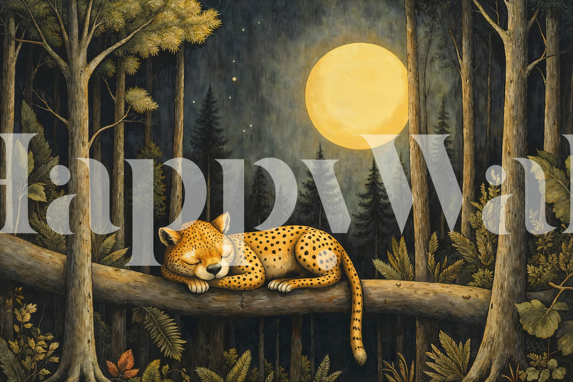 Cheetah sleeping on a branch under a full moon in forest wallpaper