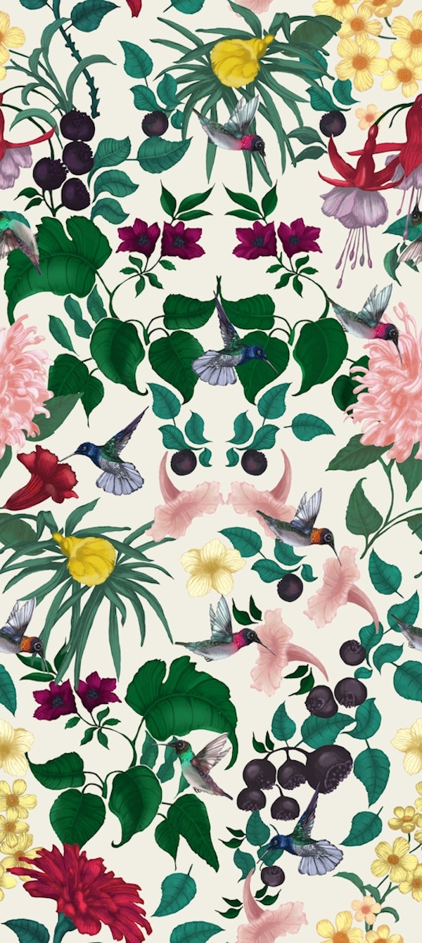 Hummingbird Damask on Worn White