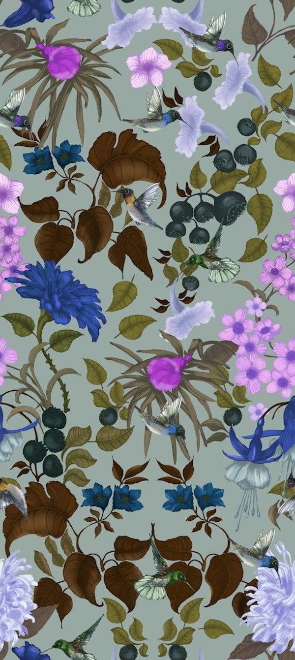 Hummingbird Damask on Sage