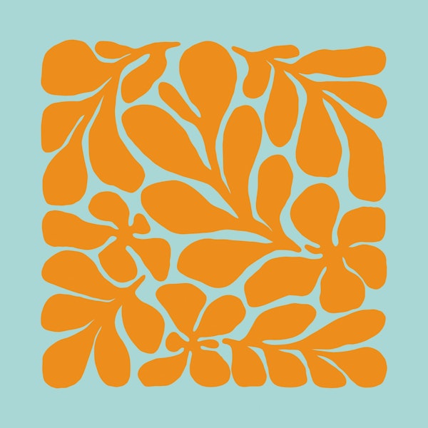 Abstract Orange Leaf Design on Blue